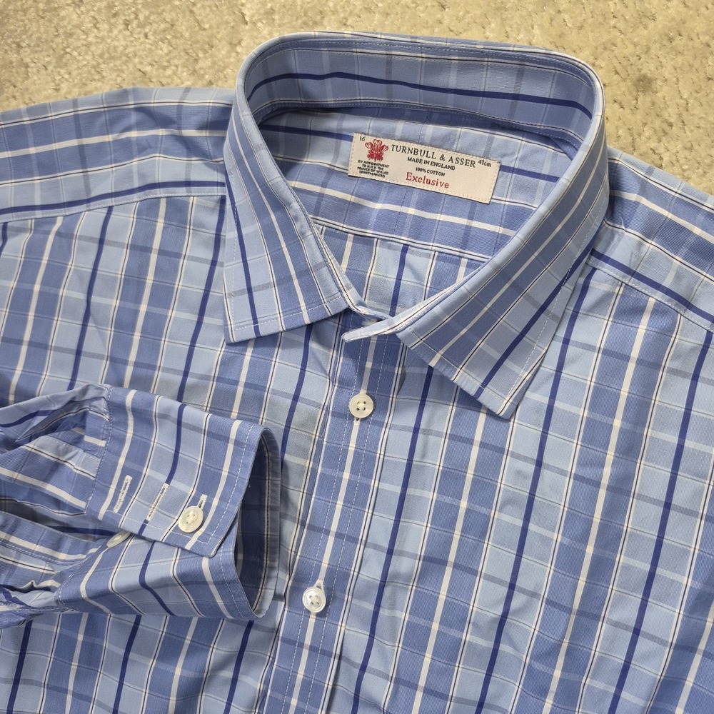 Turnbull And Asser Dress Shirt Mens 16 Large Blue Plaid Cotton Business Casual